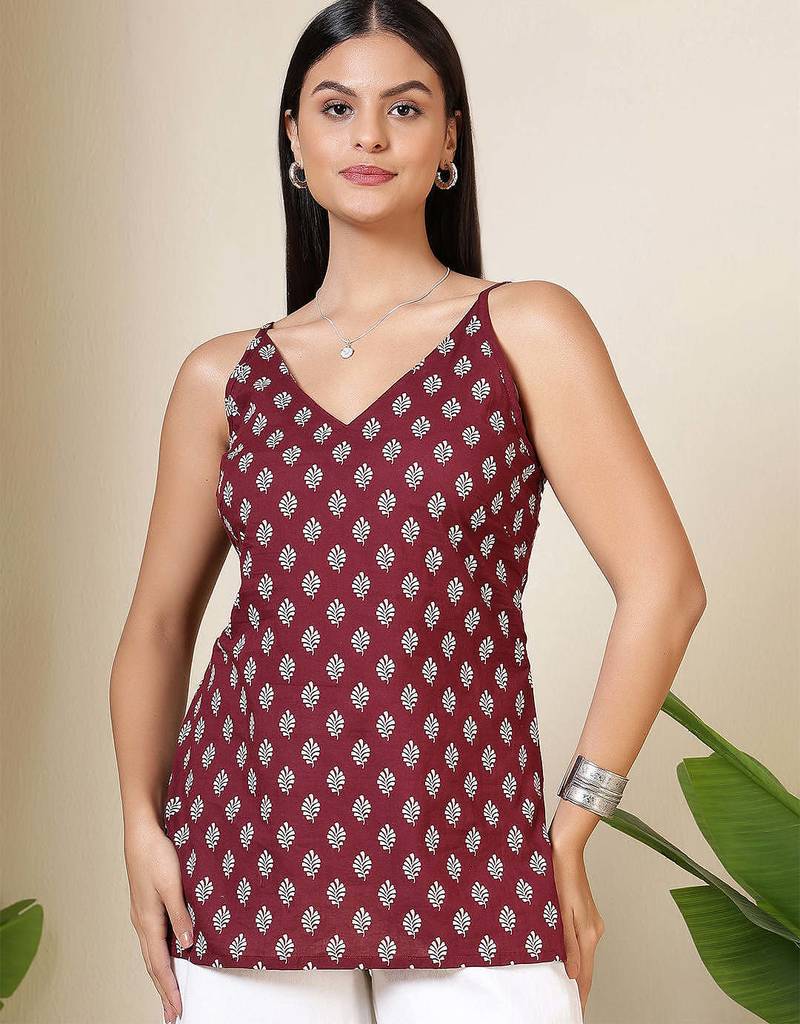 Burgundy  pure cotton printed tunic for women