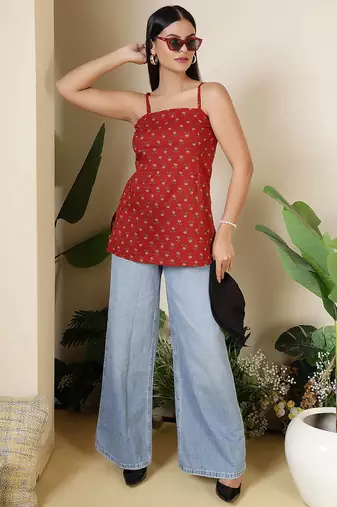 Maroon  pure cotton printed tunic for women
