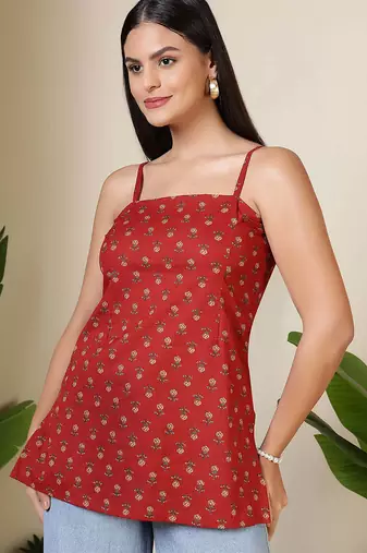 Maroon  pure cotton printed tunic for women
