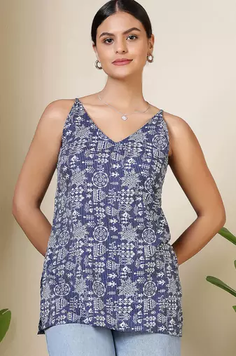 Blue  pure cotton printed tunic for women