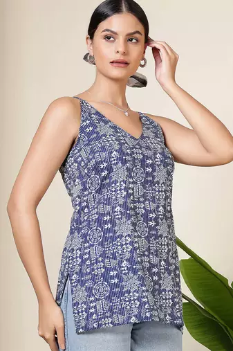 Blue  pure cotton printed tunic for women