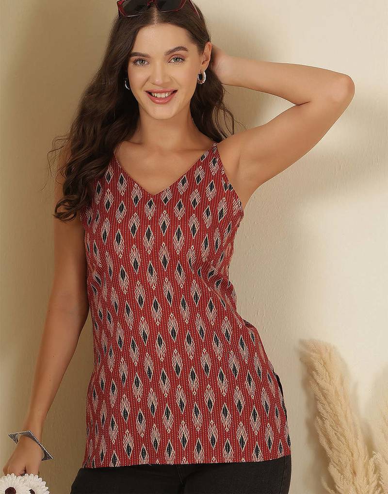 Maroon  pure cotton printed tunic for women