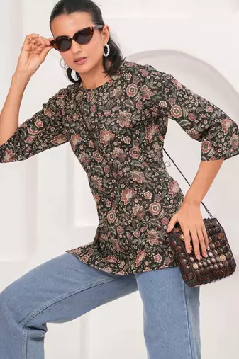 Black  pure cotton printed tunic for women