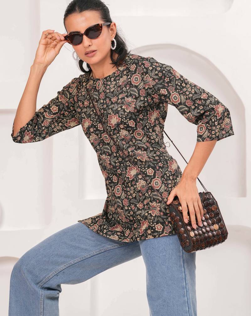 Black  pure cotton printed tunic for women