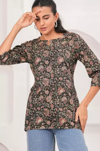 Black  pure cotton printed tunic for women