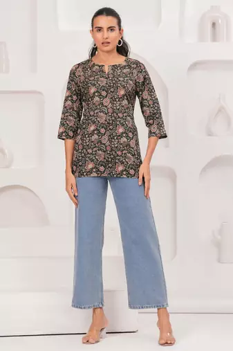 Black  pure cotton printed tunic for women