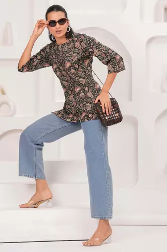 Black  pure cotton printed tunic for women