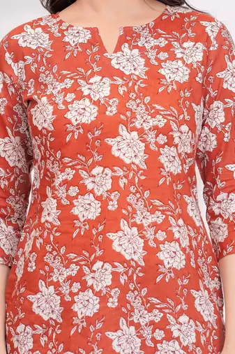 Orange  pure cotton printed tunic for women