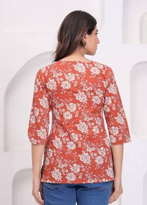 Orange  pure cotton printed tunic for women 5