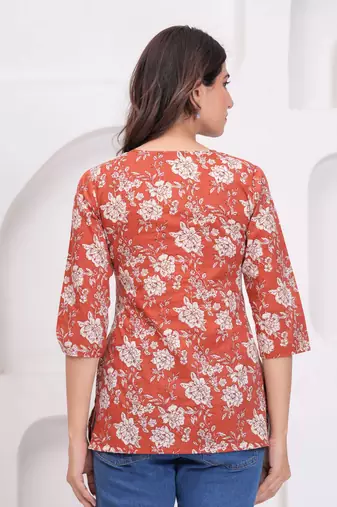 Orange  pure cotton printed tunic for women