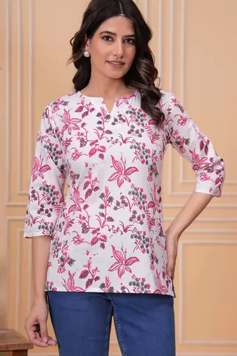 White  pure cotton printed tunic for women