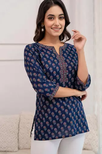 Blue  pure cotton printed tunic for women
