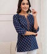 Blue  pure cotton printed tunic for women