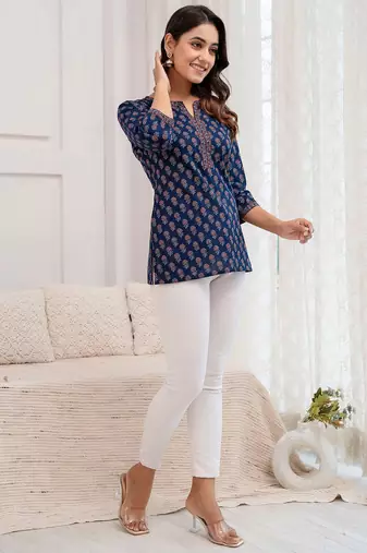 Blue  pure cotton printed tunic for women