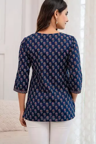 Blue  pure cotton printed tunic for women