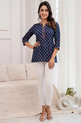 Blue  pure cotton printed tunic for women