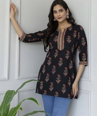 Black  pure cotton printed tunic for women 1