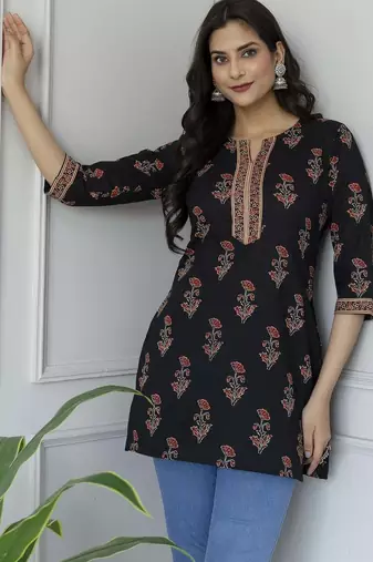 Black  pure cotton printed tunic for women