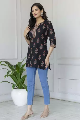 Black  pure cotton printed tunic for women