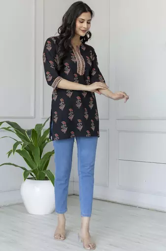 Black  pure cotton printed tunic for women