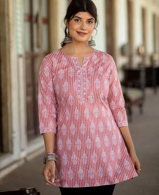 Pink  pure cotton printed tunic for women 1