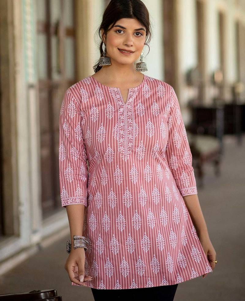 Pink  pure cotton printed tunic for women