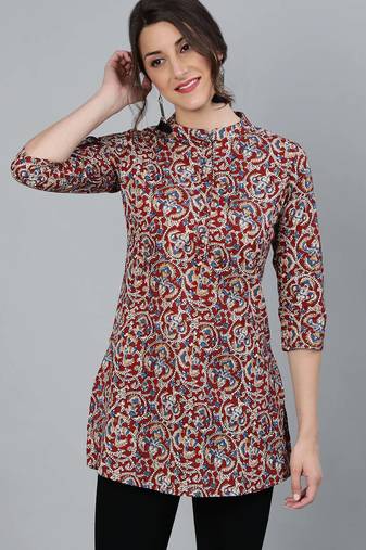 Maroon  pure cotton printed tunic for women