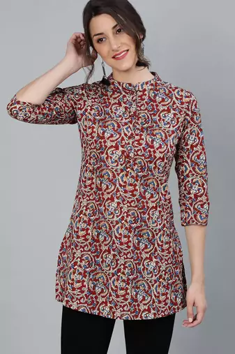 Maroon  pure cotton printed tunic for women