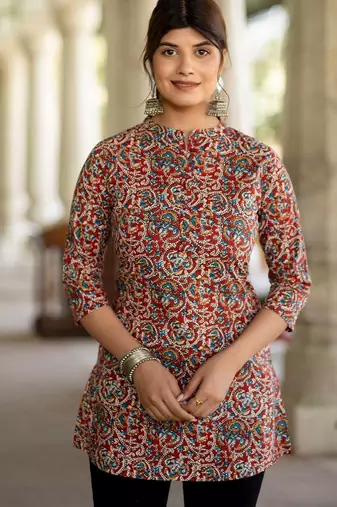 Maroon  pure cotton printed tunic for women