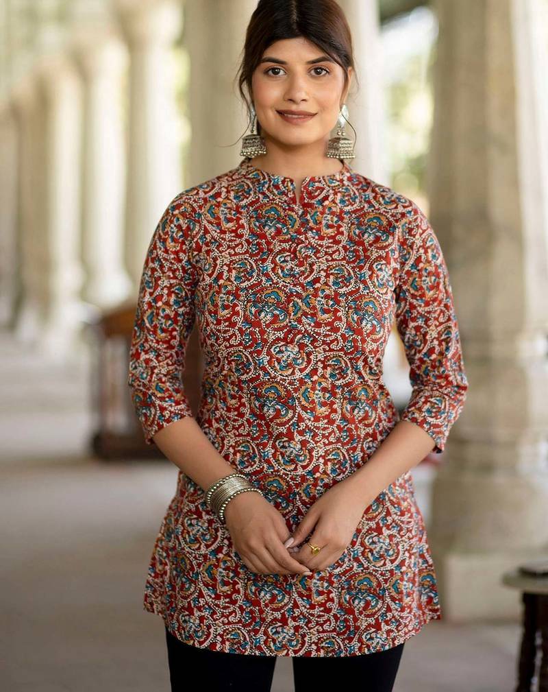 Maroon  pure cotton printed tunic for women