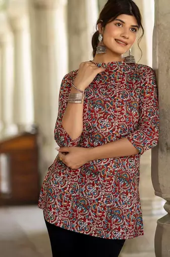 Maroon  pure cotton printed tunic for women