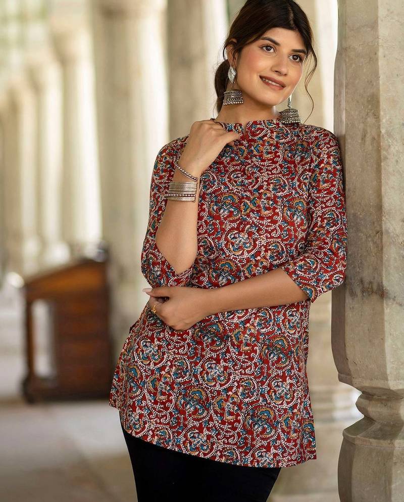 Maroon  pure cotton printed tunic for women