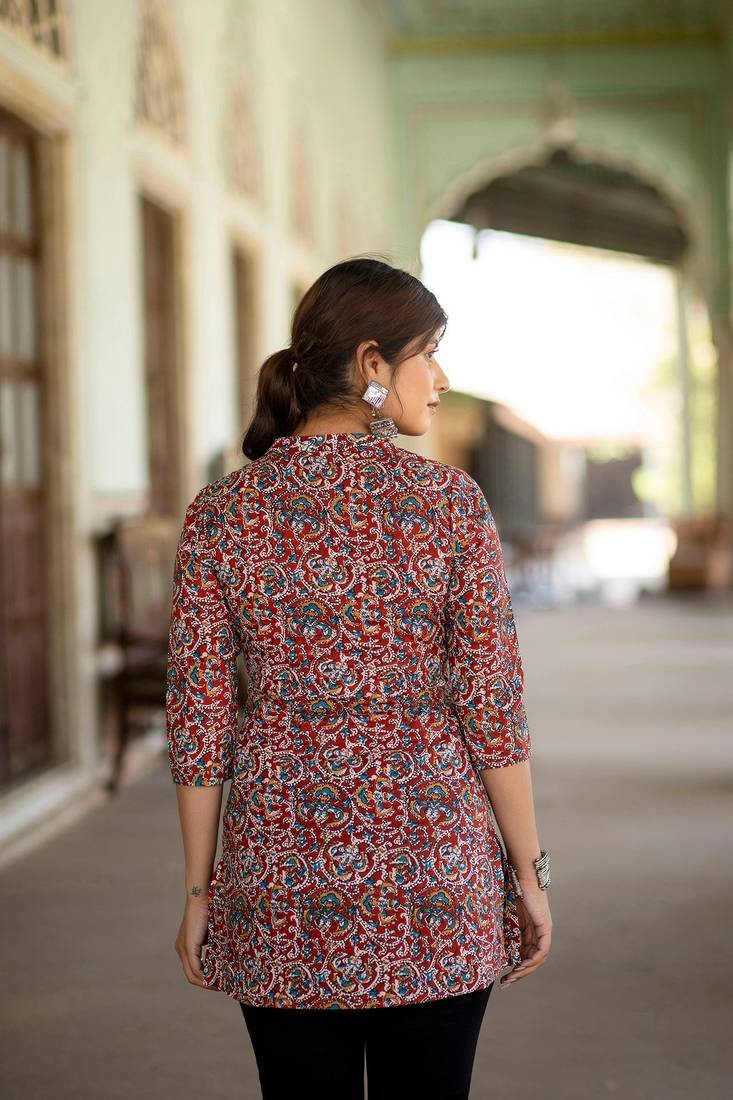 Maroon  pure cotton printed tunic for women