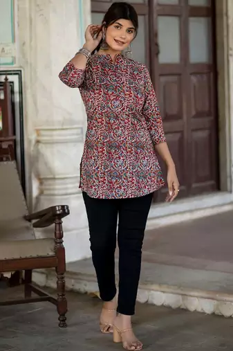 Maroon  pure cotton printed tunic for women