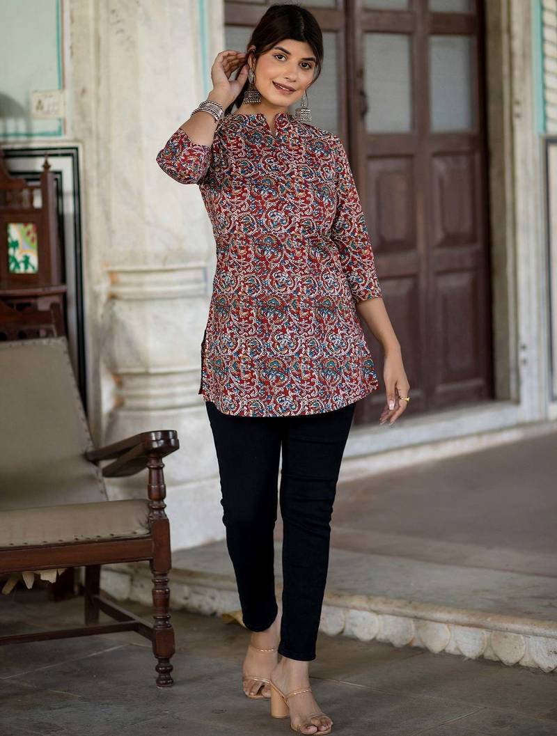 Maroon  pure cotton printed tunic for women