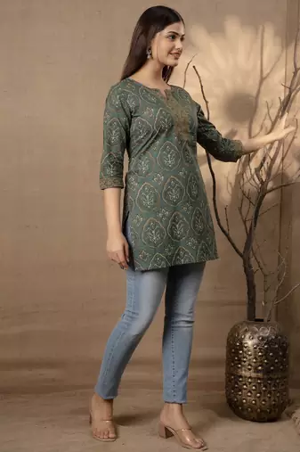 Green  pure cotton printed tunic for women