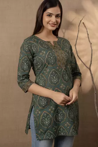 Green  pure cotton printed tunic for women