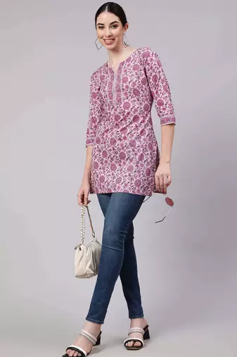 Pink  pure cotton printed tunic for women