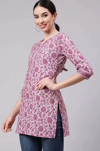 Pink  pure cotton printed tunic for women