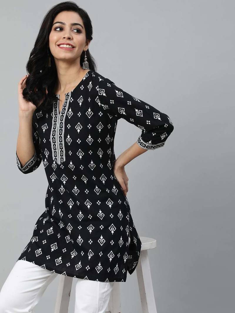 Black  pure cotton printed tunic for women