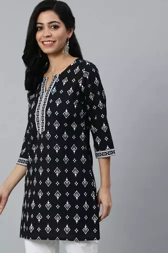 Black  pure cotton printed tunic for women