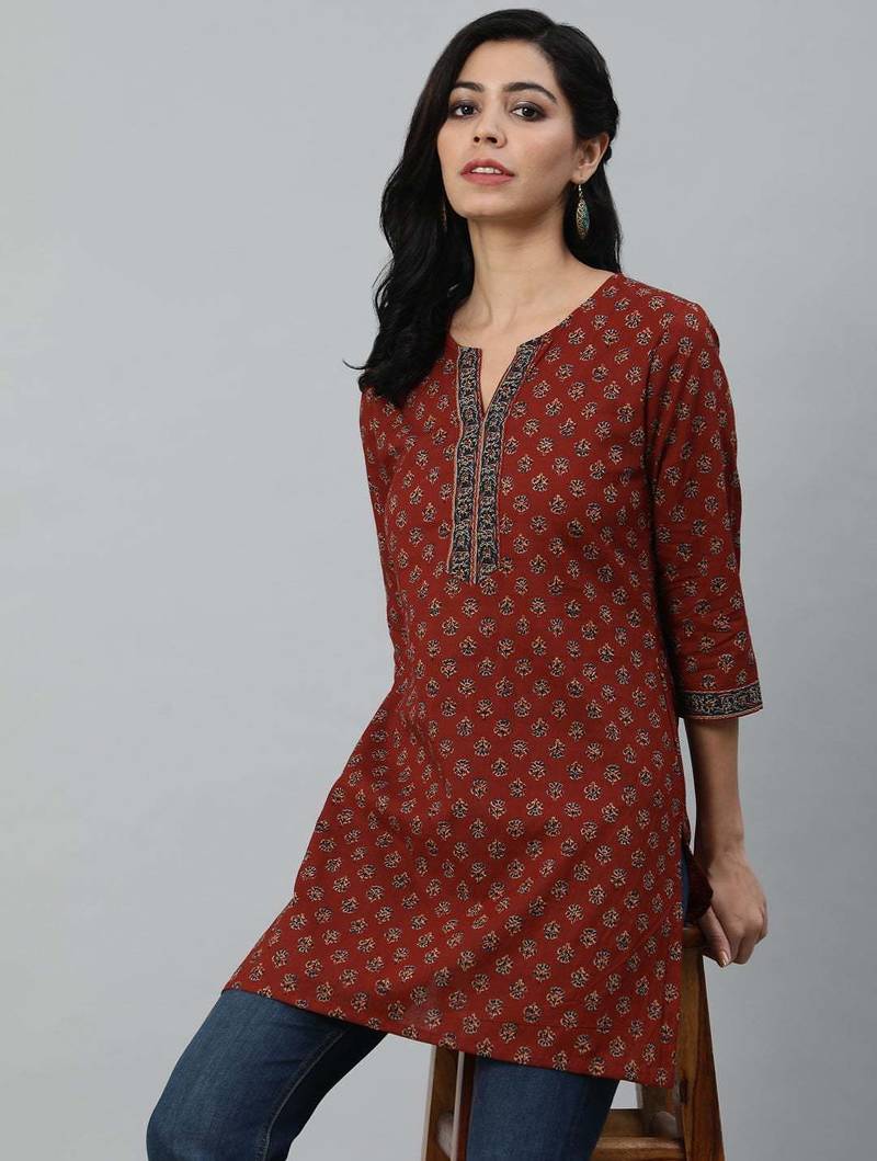 Maroon  pure cotton printed tunic for women