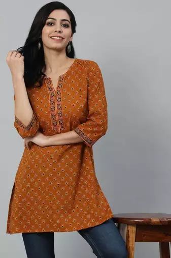 Mustard  pure cotton printed tunic for women