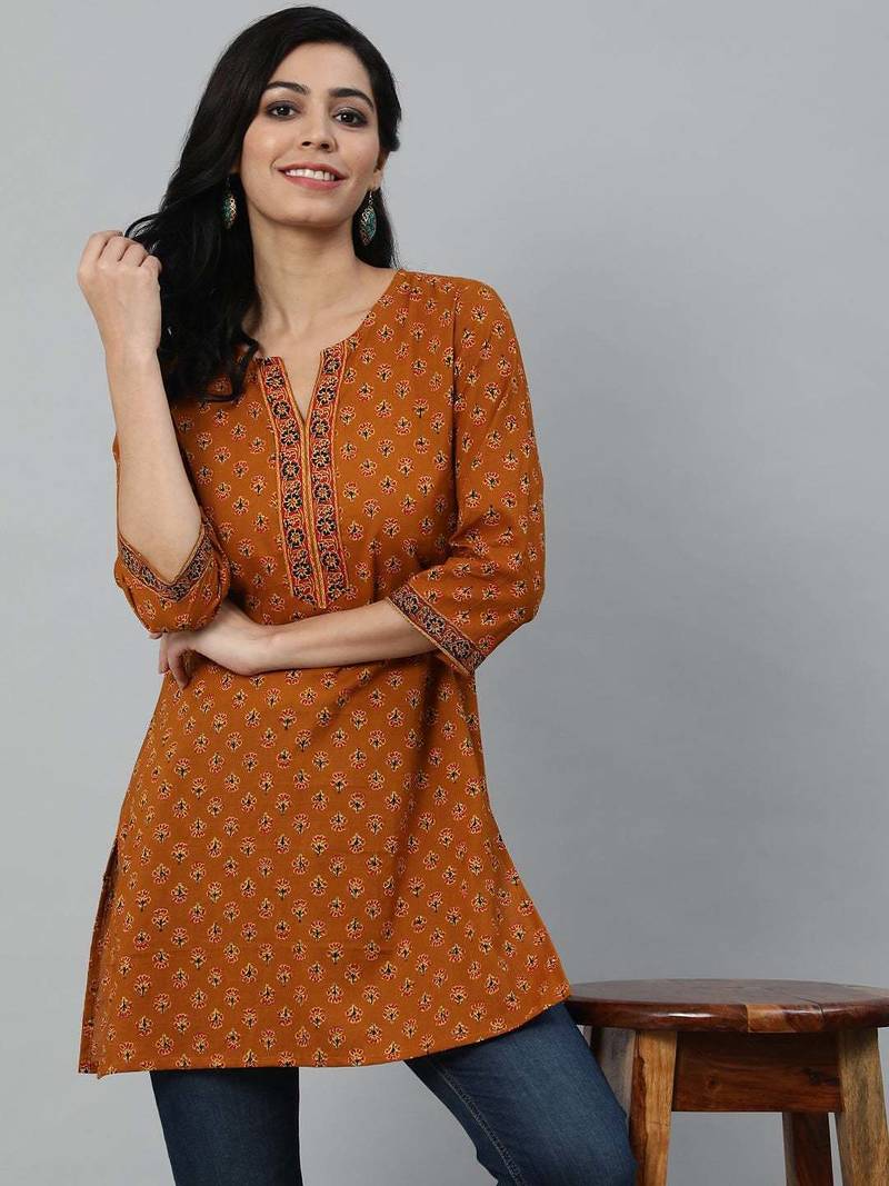 Mustard  pure cotton printed tunic for women