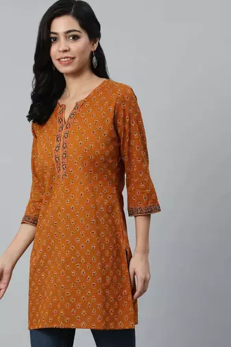 Mustard  pure cotton printed tunic for women