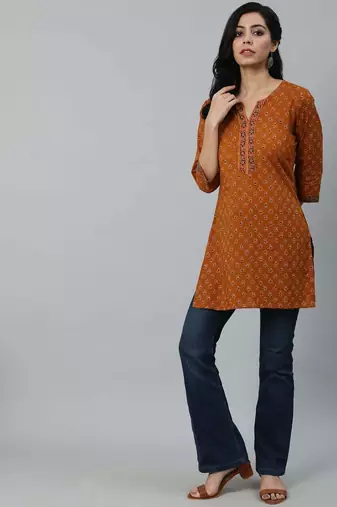 Mustard  pure cotton printed tunic for women