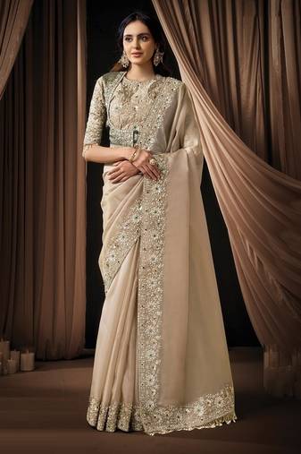 beige zari organza satin dual sequins embroidery multi stone handwork designer saree