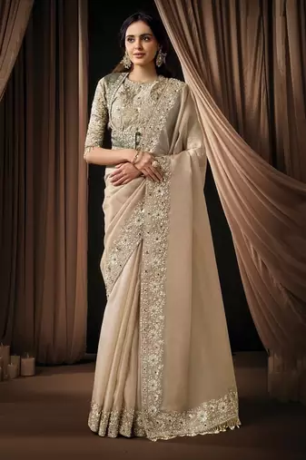 beige zari organza satin dual sequins embroidery multi stone handwork designer saree