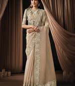 beige zari organza satin dual sequins embroidery multi stone handwork designer saree