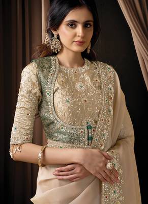 beige zari organza satin dual sequins embroidery multi stone handwork designer saree 2
